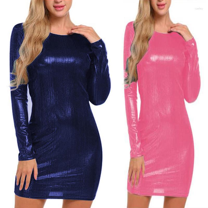 

Casual Dresses Women Fashion Elegant Party Dress BarVertical Striped Sexy Pvc Leather Clubwear Vinyl Nightclub, Dark gold