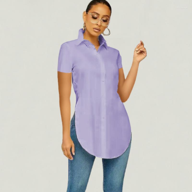 

Women' Blouses Blusas 2023 Summer Split Short Sleeve Casual Shirt Women Turn Down Collar Blouse Loose Tops Solid Color Clothes Cute 25634, White