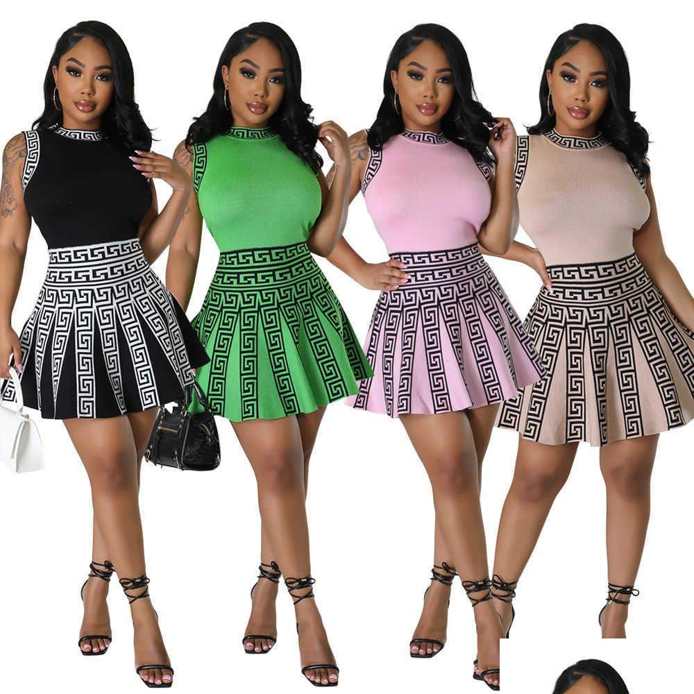 

Two Piece Dress Designer Summer Womens Camisole Pleated Skirt Fashion Round Neck Sleeveless For Digital Printing Style Drop Delivery Dhk0J, Pink