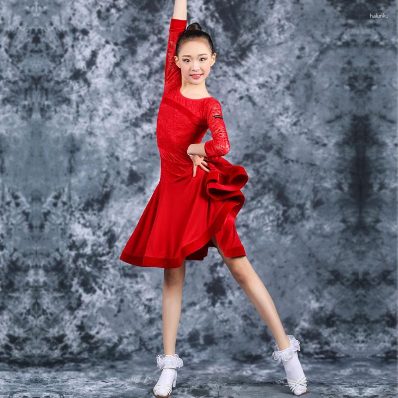 

Stage Wear NY02 GS3123 Long Sleeve Tops Lace Kids Latin Dance Skirt For Girl Professional Competition Ballroom Samba Dancing Costume Set, 002