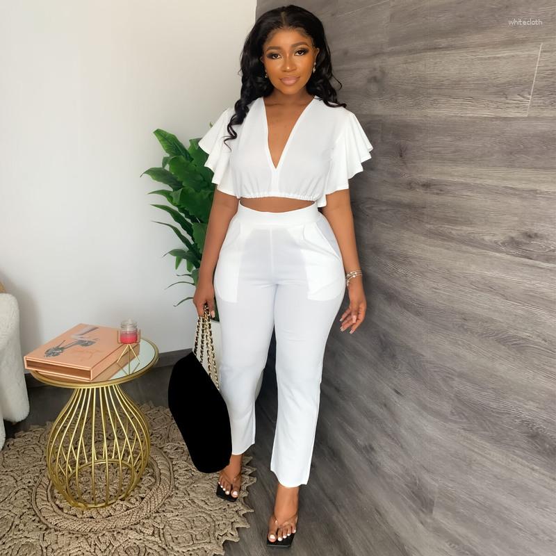 

Women' Two Piece Pants WUHE Sexy Deep V-neck Flare Sleeve Ruffles Top Suit Solid Tracksuit Elegant Women 2 Set 2023 Summer Outfits, White