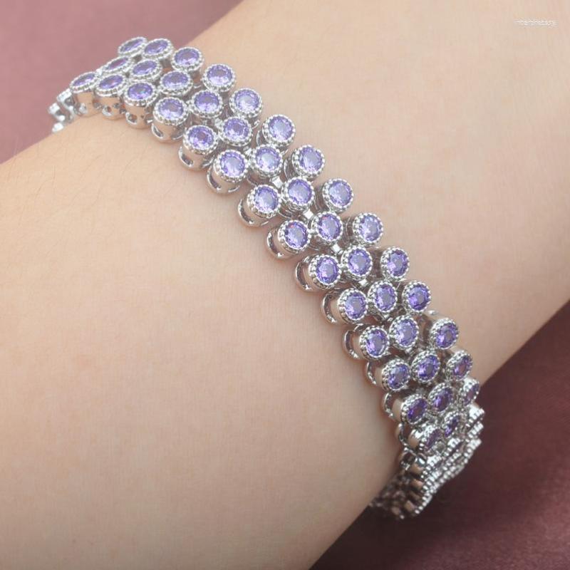 

Link Bracelets Natural Purple Bracelet Bridal Jewelry For Women Cubic Zirconia Silver Color Wedding Jewellery Bangle 2023 OS0103