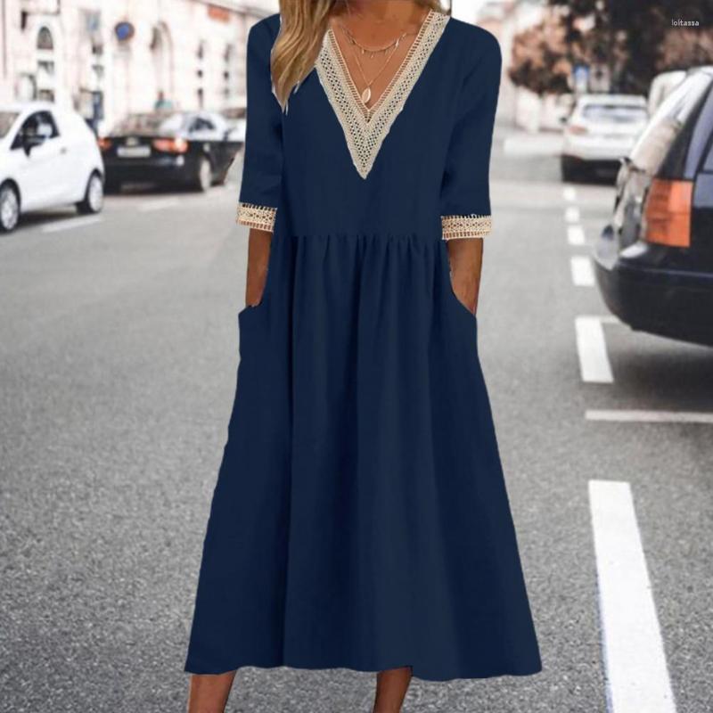 

Casual Dresses Women Midi Dress Half Sleeves V Neck Cutout Patchwork Pleated A-line Loose Hem Lace Summer Party Female Garment Streewear, White