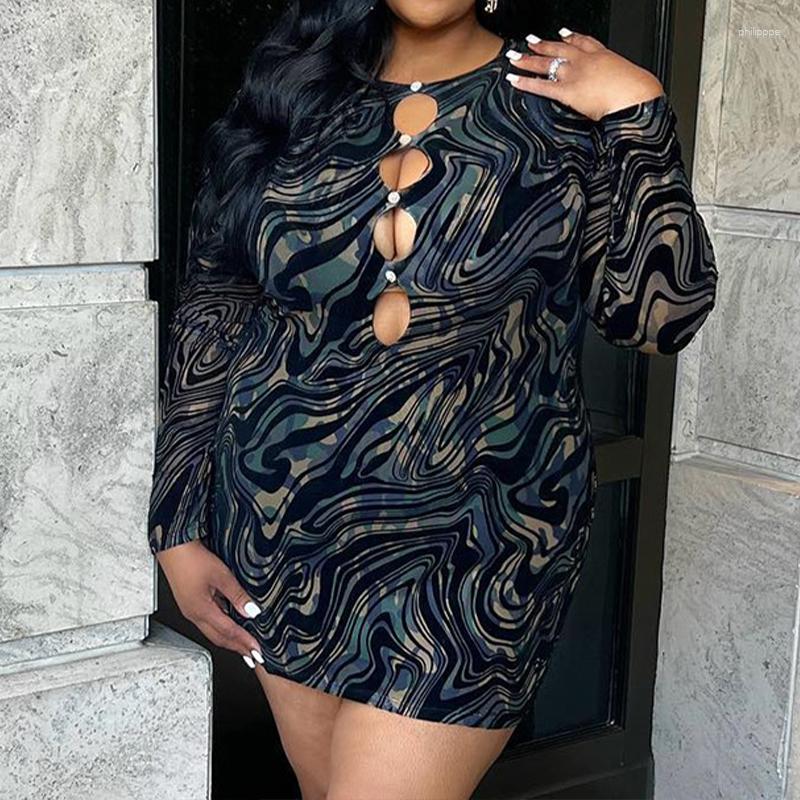 

Casual Dresses Trendy High Street Female Cut-out Sexy Skinny Water Wave Printed High-waist Long Sleeves Round Neck Pullover Club, Black