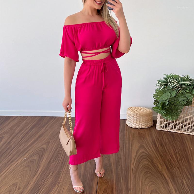 

Women' Two Piece Pants Spring Summer Women Sexy Pices Set Solid Slash Neck Strapless Short Sleeve Crop Top Outfits Sets Wide Leg Casual, Green