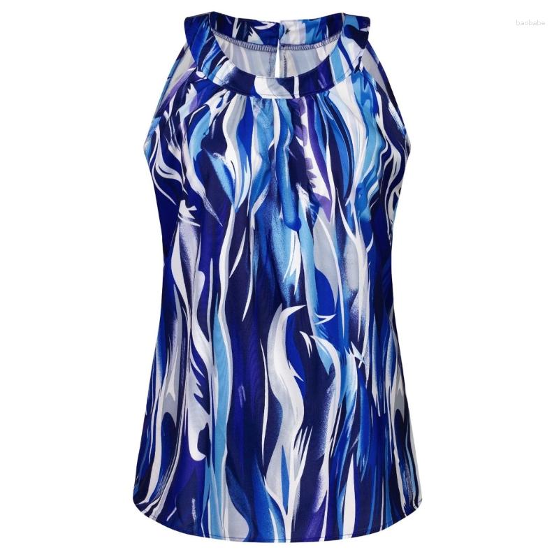 

Women' Tanks Summer Round Neck Printed Blouse With One Button Sleeveless Tops Pleated Shirts, Red