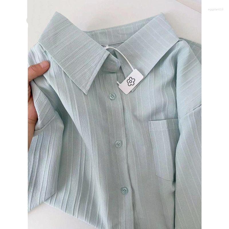 

Women's Blouses 2023 Women's Summer Autumn Cotton Shirts Office Lady Fashionable Blue White Long Sleeve Loose Tops Crepe Blouse Button