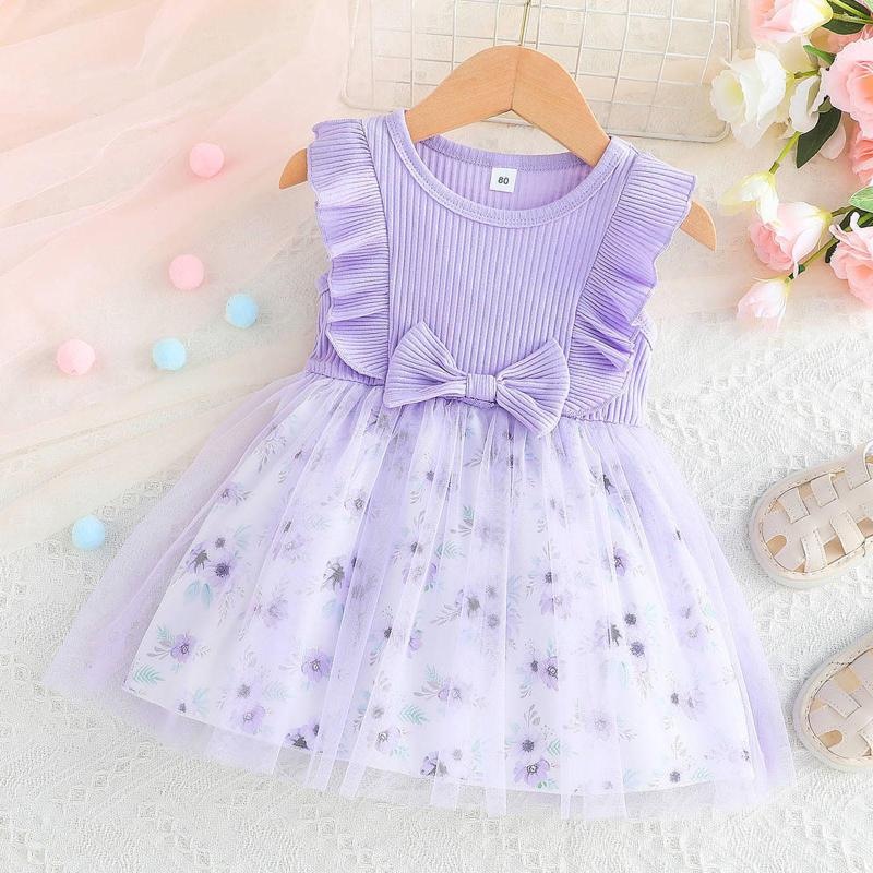 

Girl Dresses Floral Tulle Dress For Toddler Girls Sleeveless Mesh Patchwork Bowknot Ribbed Princess Party Beach Sundress Vestidos, Purple