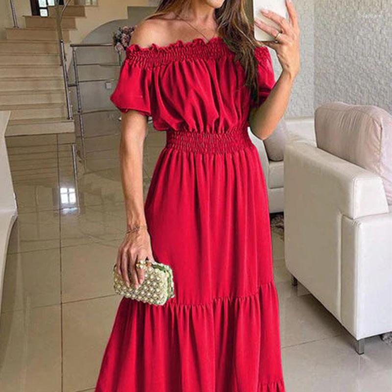 

Casual Dresses Short Sleeve Off Shoulder High Waist Ruffle Maxi Dress Women Summer Elegant Corset Bohemian Long, Black