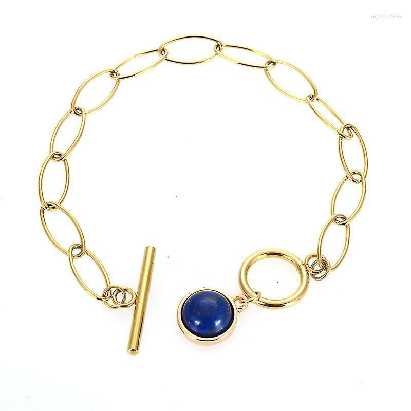 

Link Bracelets Chain Miasol 14K Gold Color Stainless Steel Natural Stone Dangle Women Girl Party Toggle Clasp Diy Charm Jewelry GiftsLink Ra