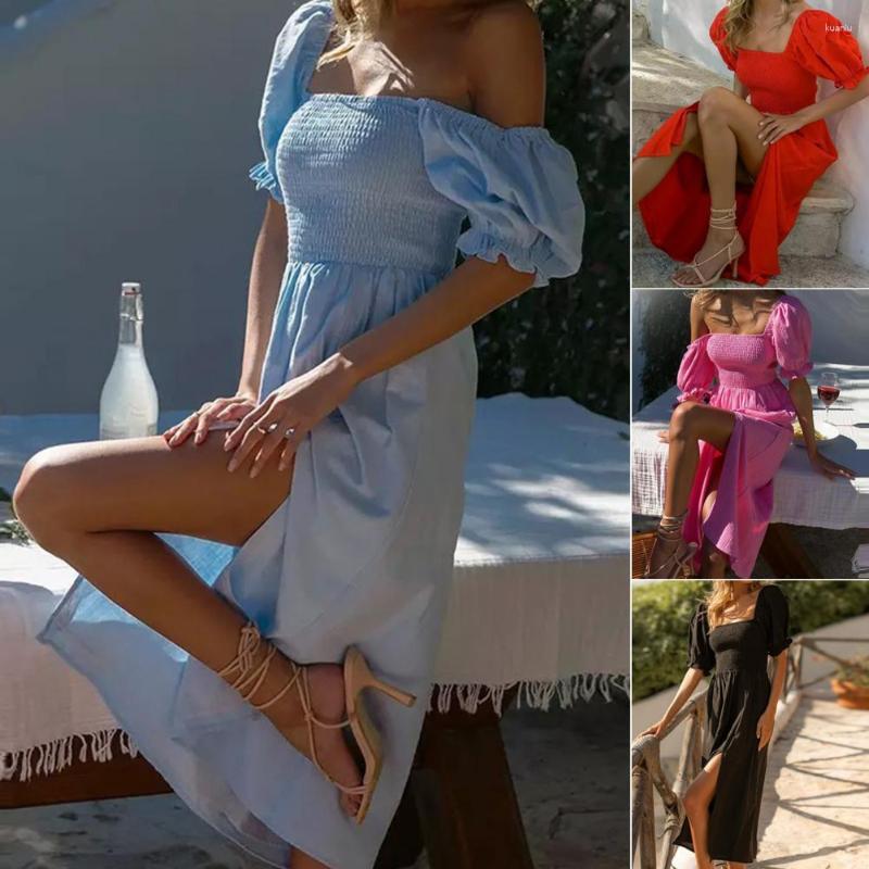 

Casual Dresses 2023 Autumn Cotton Women's Dress Lady Solid Color Square Neck Bubble Sleeve All Match Summer Dating Clothes, Blue