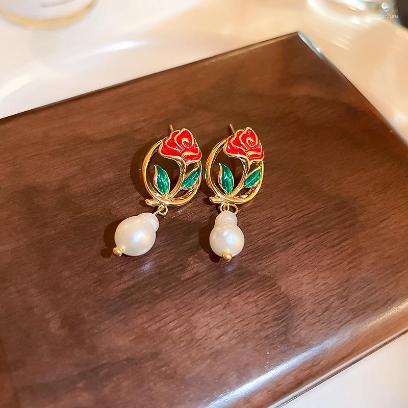 

Dangle Earrings Hollow Oval Rose Flower Pearl Chinese Luxury Design Earings Wholesale Girl Jewelry Accessories