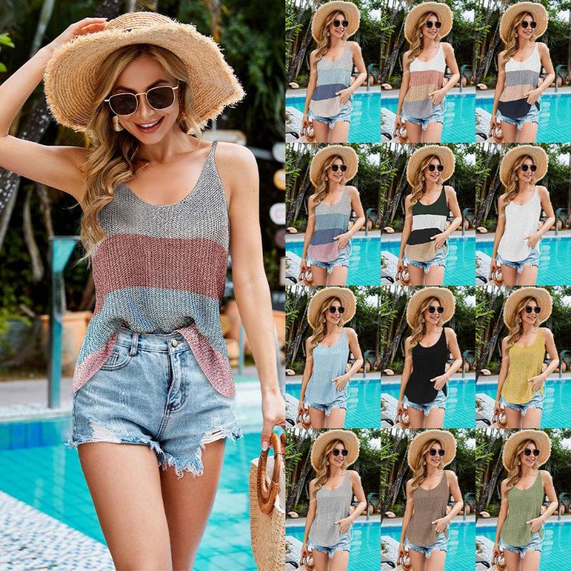 

Women's Tanks Sexy Tank Tops Summer Women Knit Vest Color Collision O-Neck Sleeveless V Neck Camis Female Casual Loose Camisole Plus Size, Pink