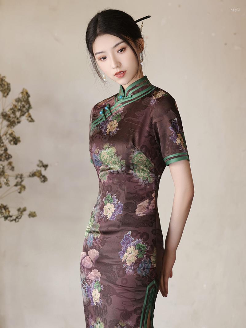 

Ethnic Clothing Elegant Floral Print Cheongsam Retro Improved High Split Qipao Modern Women Sexy Chinese Traditional Dress