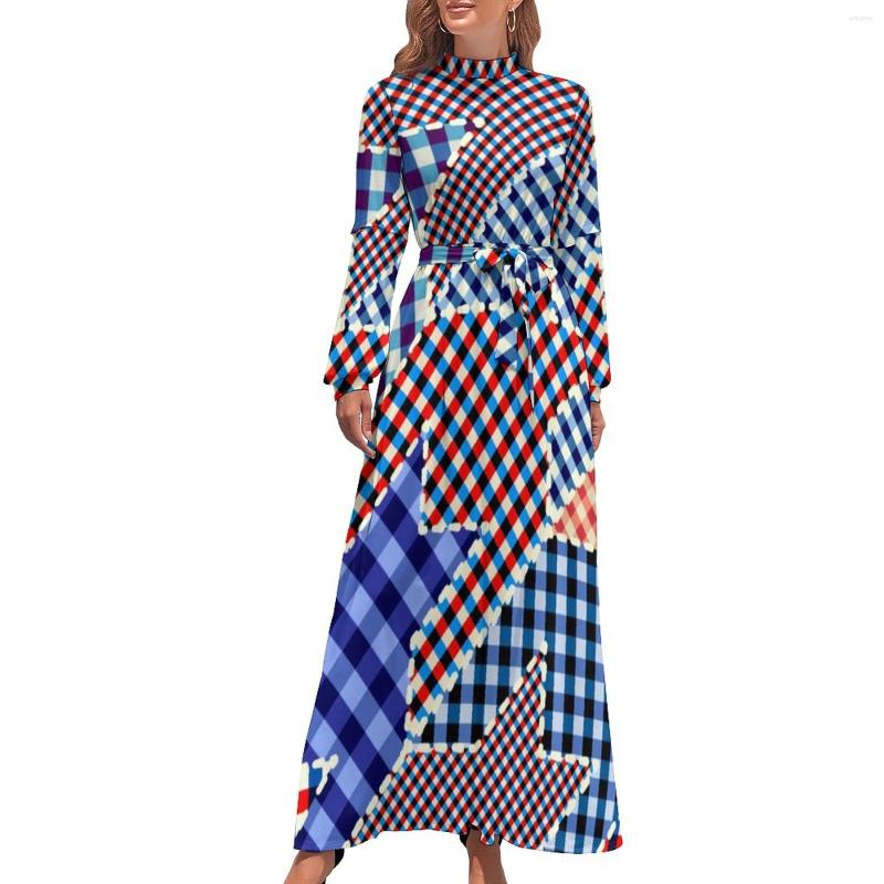 

Casual Dresses Plaid Houndstooth Dress Long Sleeve Patchwork Print Maxi High Waist Streetwear Custom Beach Birthday Gift, Style-2