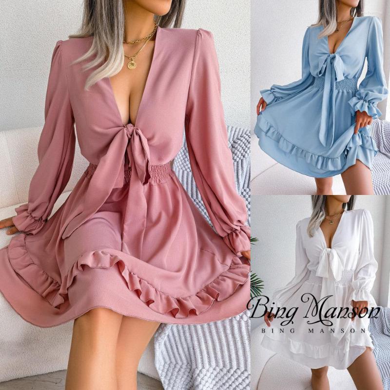 

Casual Dresses Summer Solid Chiffon Dress Ruffled Long Sleeve Mini Women' Belt Lace Shawl Elegant Swing, Pink