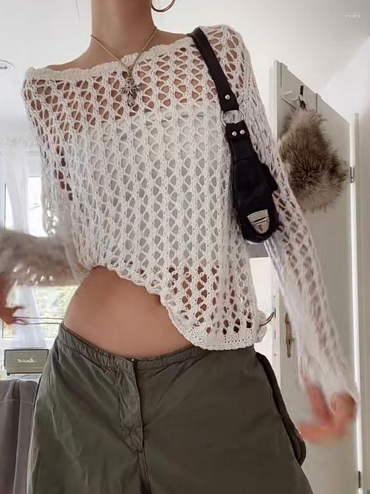 

Women' Sweaters Fashion Casual White Sweater Pullovers Hollow Out Fishnet Summer Loose Smock Long Sleeve Y2k Holes Shirt Women Harajuku, Black