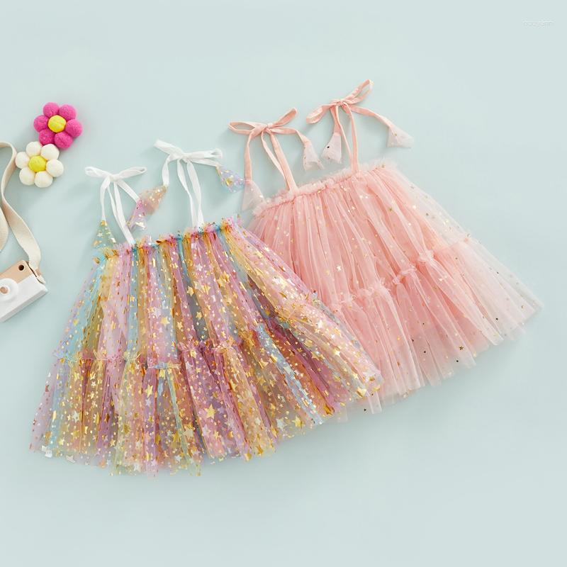 

Girl Dresses 0-3Y Baby Girls Princess Dress Kids Summer Clothing Tie-Up Spaghetti Strap Stars Sequin Mesh Layered Tutu Toddler, Pink