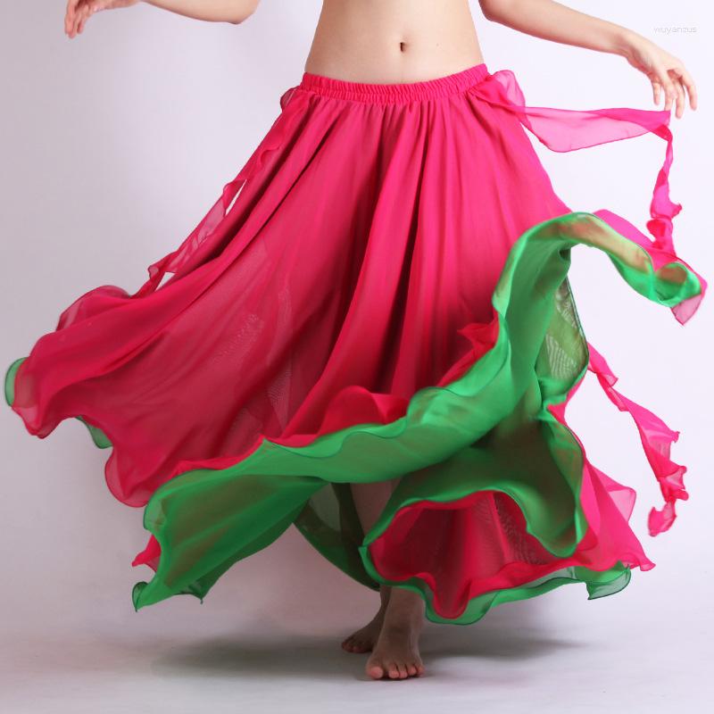 

Stage Wear Belly Dance Double Colors Ruffle Chiffon Skirt Performance Split Swing Halloween, Rose green