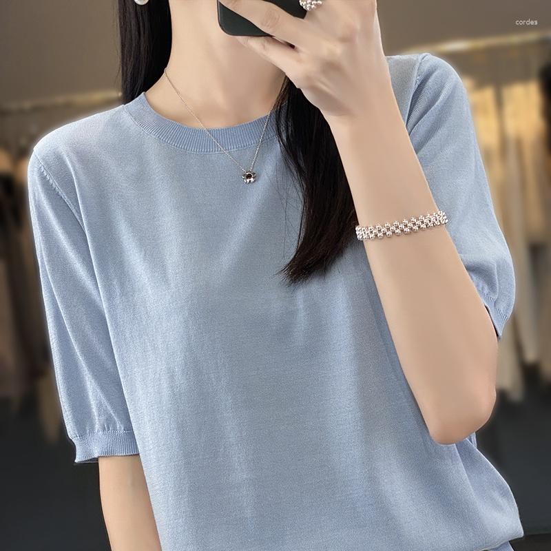 

Women's Sweaters 23Summer Mulberry Silk Short-sleeved Blouse Worsted Ice Linen Women's Solid Color Bottoming Pullover T-shirt Knitting, Black