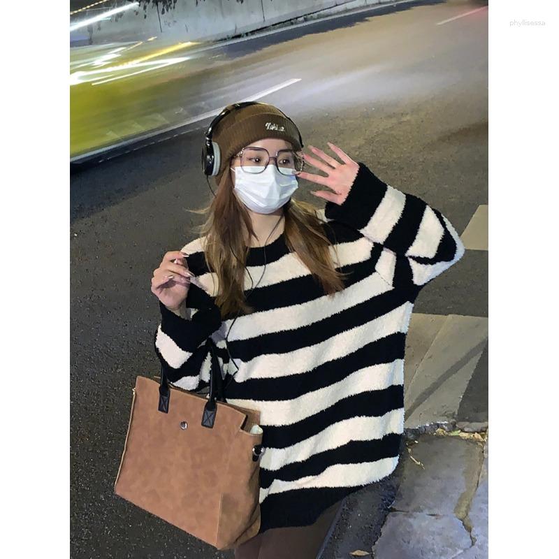 

Women's Sweaters Fashion Versatile Retro Striped Sweater Women Knitwear Autumn 2023 Loose Knitted Pullover Preppy Style Casual Female, Black