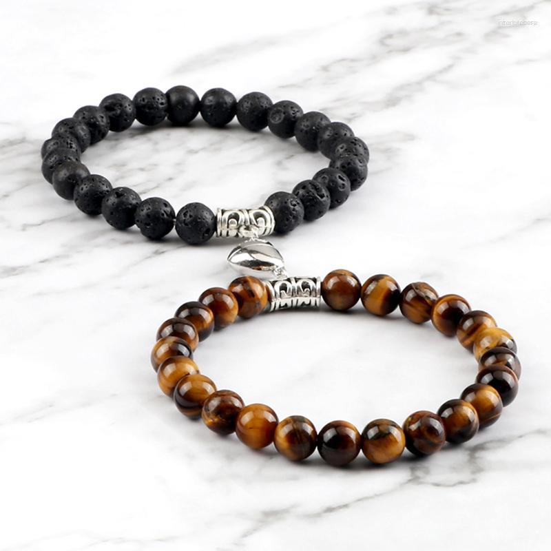 

Strand 2pcs/set Tiger Eye Beads Bracelet Round Heart-shaped Magnet Natural Matte Lava Stone Bracelets For Couples Friends Jewelry Gift