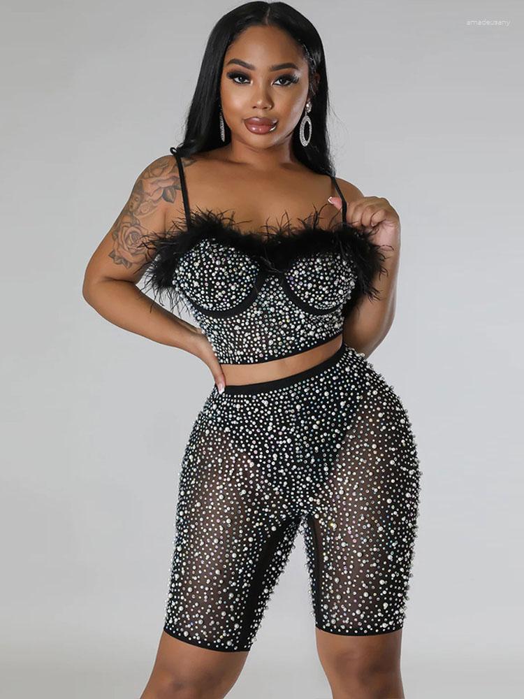

Women's Tracksuits Sexy Mesh Rhinestone Feather Two Piece Set Women Clubwear Party Short Camis Tops And Shorts See Through Night Club, Black