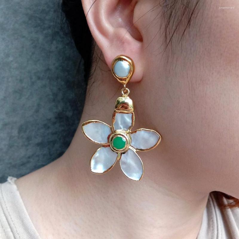 

Dangle Earrings YYGEM 40mm Natural Sea Shell Carved Flower Shape Cultured White Pearl Gold Plated Stud