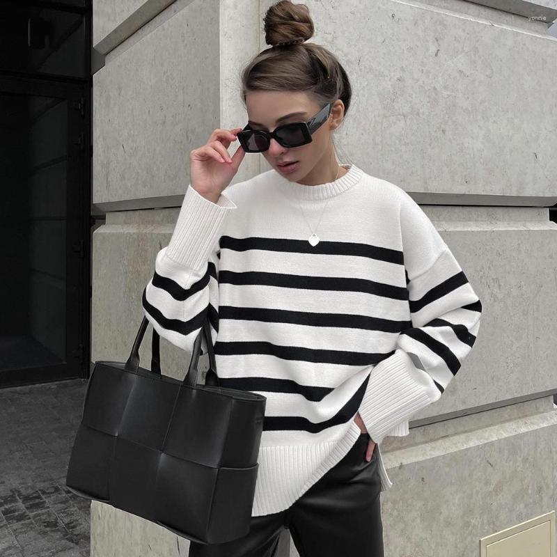 

Women' Sweaters Ladies Autumn Striped Knitted Loose Pullover Tops Long Sleeve O Neck Casual Streetwear Women Sweater Female Spring Mujer, Milky white