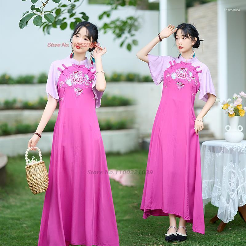 

Ethnic Clothing 2023 Women Chinese Improved Qipao Dance Costume National Flower Embroidery Dress Oriental Folk Long