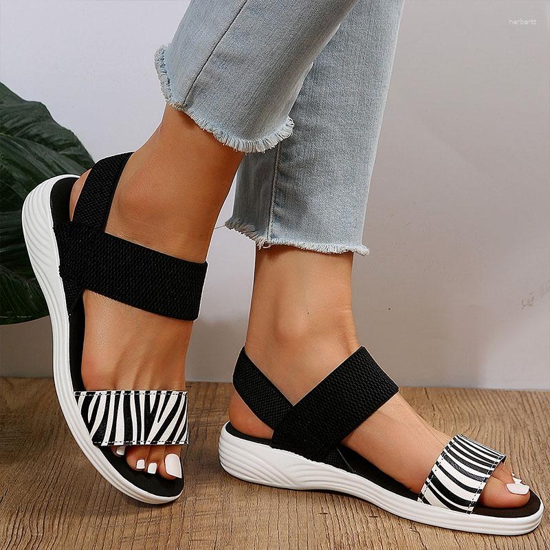 

Sandals Large Size Women's Daily Elastic Band Slip-on Summer Outside Casual Shoes Fashion Wedge Zebra Print