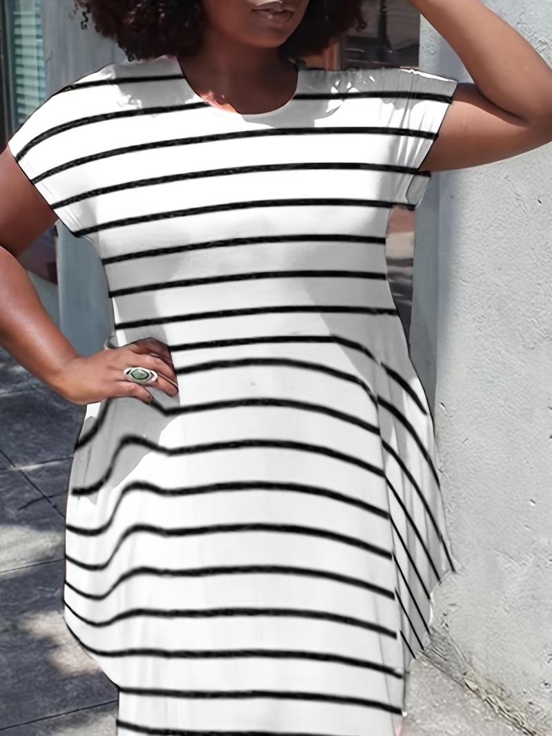 

Plus Size Dresses Striped Print Short Sleeve Irregular Hem Loose Fit Dress Women's Round Neck High Stretch, White