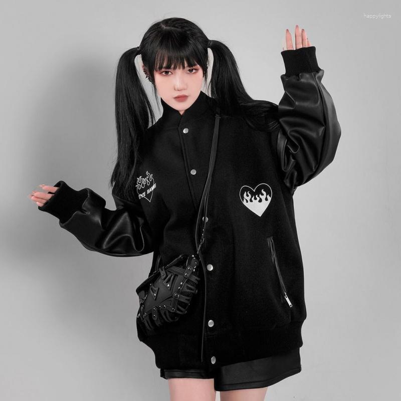 

Women' Jackets COZOK/ Varsity Black Bomber Jacket Women Harajuku Spring Oversized Preppy Style Cute School Girls Outwear Korean