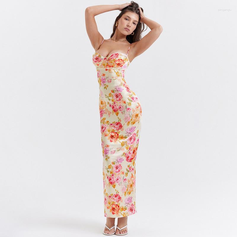 

Casual Dresses 2023 Summer Vintage Floral Print Lace Stitching Spaghetti Strap Long Dress Elegant Bodycon Sleeveless Maxi Sundress, Yellow