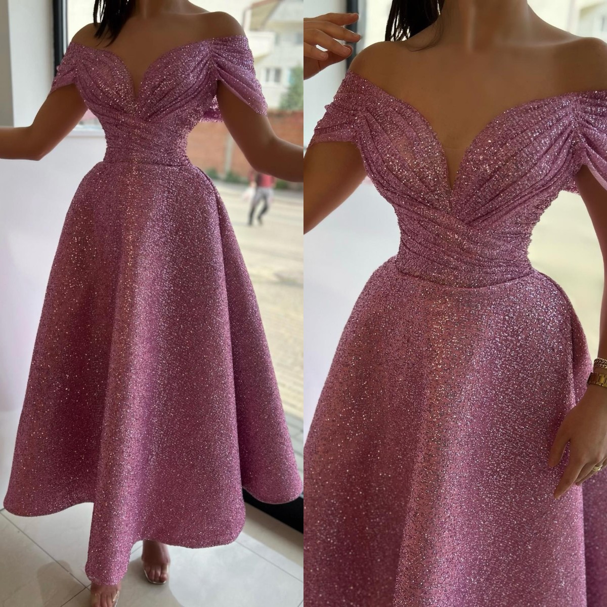 

Gorgeous Dark Pink Evening Dresses Sequins Off Shoulder A Line Party Gown Prom Dress Formal Long Dress for special occasion, Same as picture