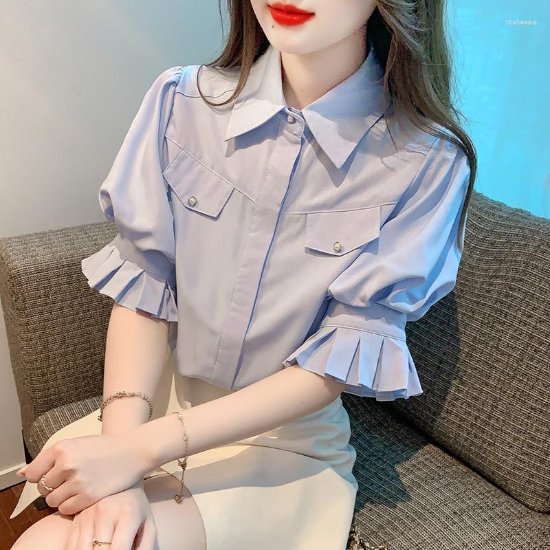 

Women' Blouses French Style Puff Sleeve Shirt Blouse Women 2023 Turn Down Collar Solid Color Slim Short Tops Woman Work Clothing, Blue