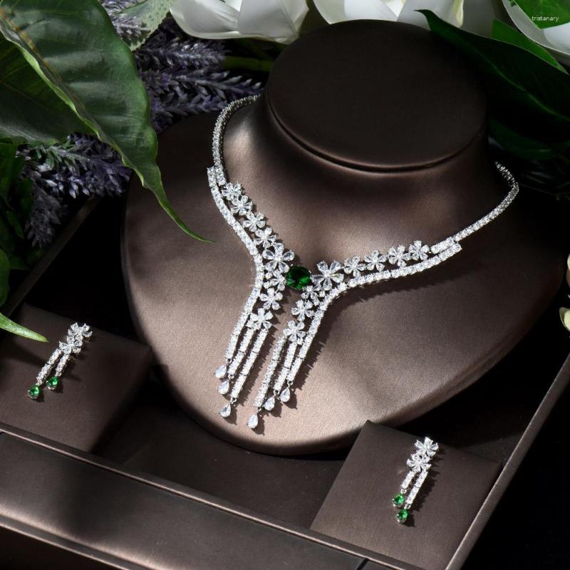 

Necklace Earrings Set HIBRIDE Classic Flower Colorful CZ Long Dangle Tassel Sets Wedding Bridal Mujer N-90, Picture shown