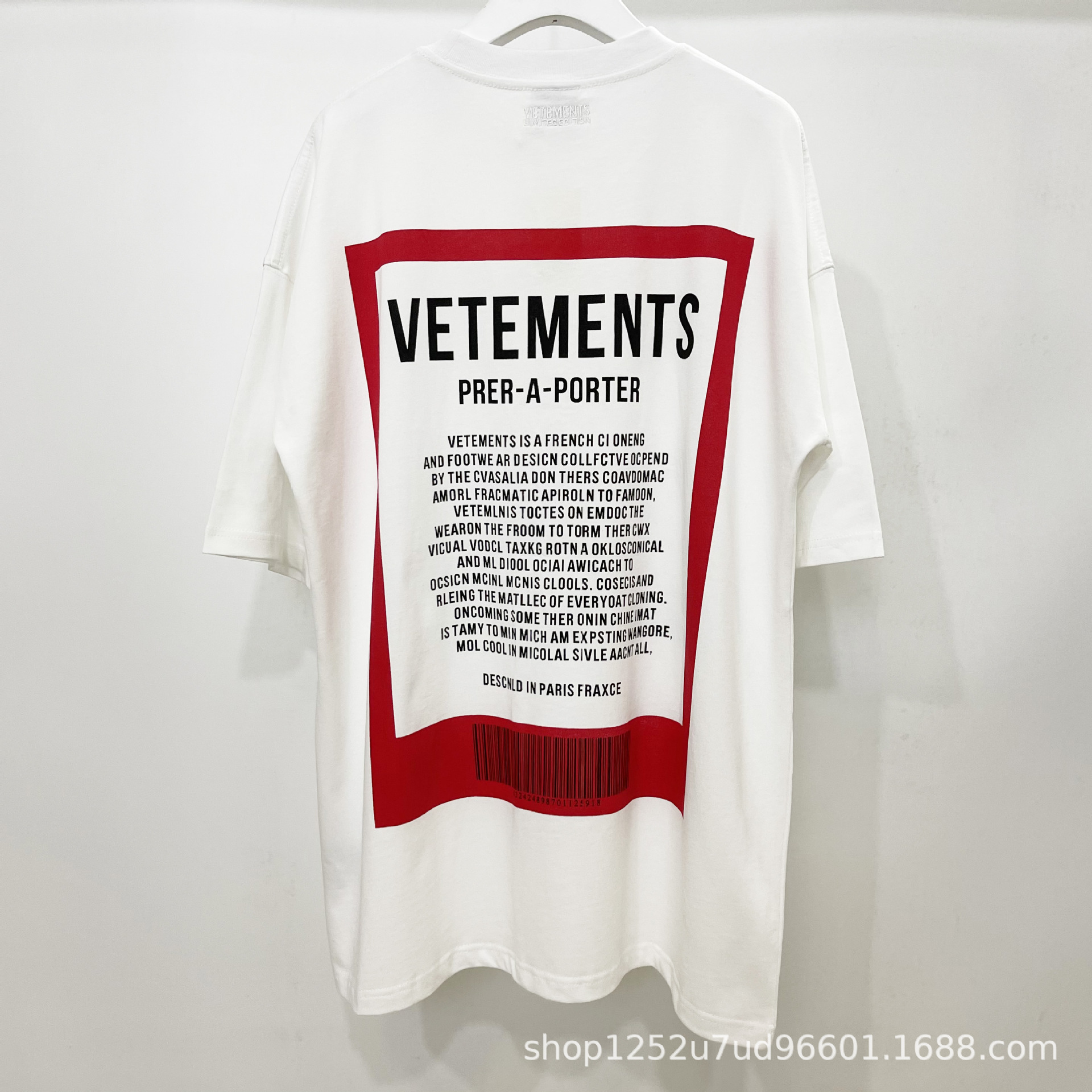 

2023ss Fashion Brand VTM Back Red Printed Tags Oversized T-shirt Casual Loose Women's Cotton T-shirt Reverse T-shirt, White