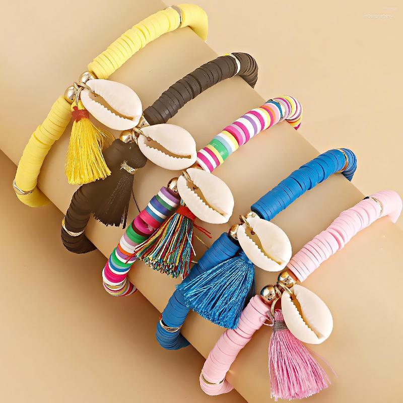 

Strand Boho Colorful Polymer Clay Flat Beads Bracelet For Women Adjustable Shell Tassel Soft Pottery Bracelets Summer Beach Jewelry