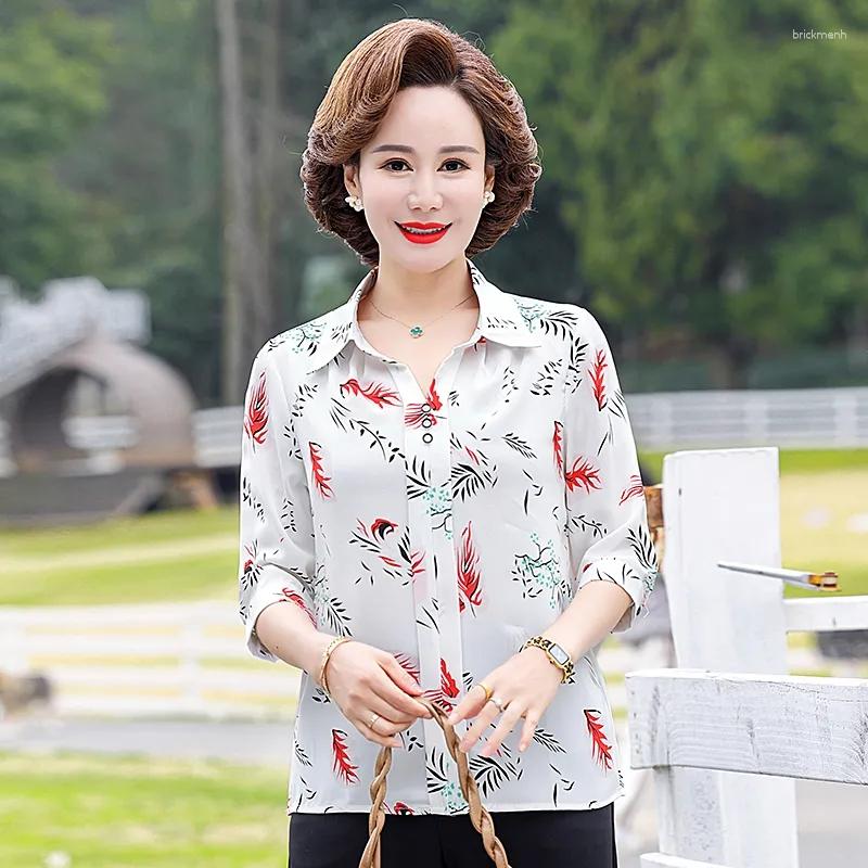 

Women's Blouses Summer Mid-Aged Women T-Shirts Fashion Three Quarter Female Print Casual Shirts Blouse Comfortable Breathable Tops, Yellow