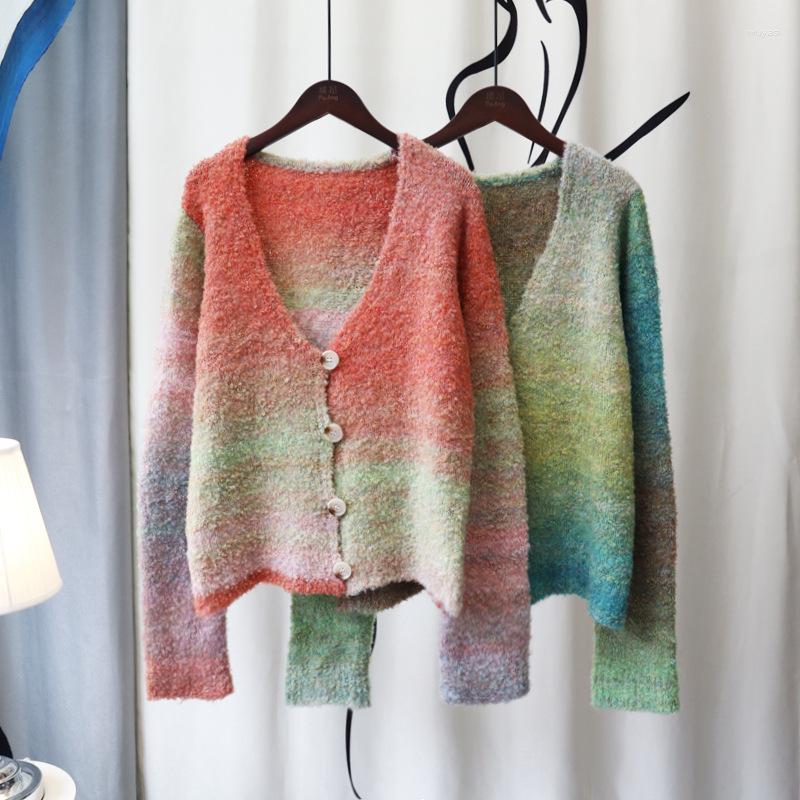 

Women's Knits Women's Gradient Color V Neck Long Sleeve Cardigan Vintage Casual Tie Dye Knitted Outwear Lady Spring Autumn Knitwear Top, Red