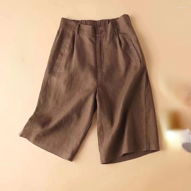 

Women's Shorts Linen Women's Summer Casual Elastic Waist White Solid Basic Loose Wide Leg Cotton Women High Short, Apricot