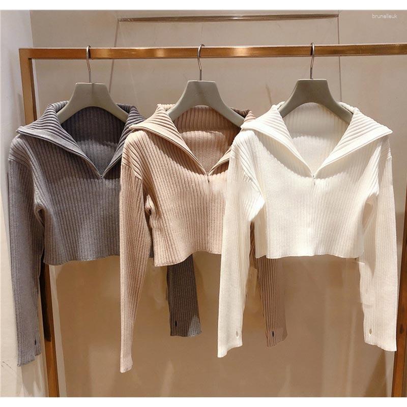 

Women's Sweaters Kuzuwata 2023 Autumn Winter Style Pulls Femme Turtleneck Long Sleeve Slim Short Zipper Rib Knit Sweater Women JAPAN, Beige