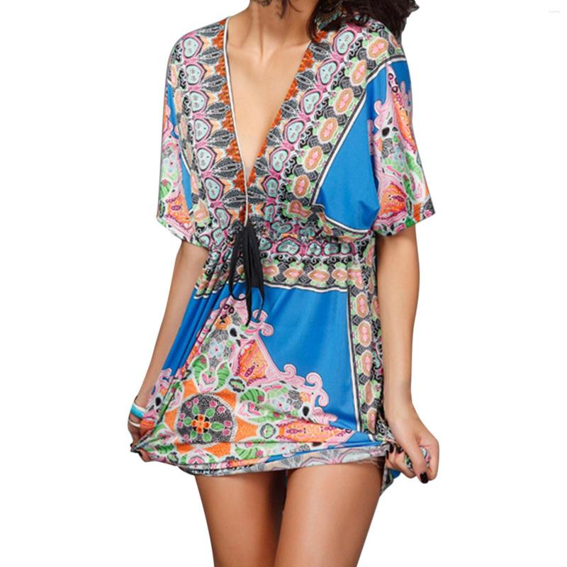 

Casual Dresses Women's Dress Summer V Neck Loose Milk Silk Boho Print Skirt Beach Large Size Light, Sky blue
