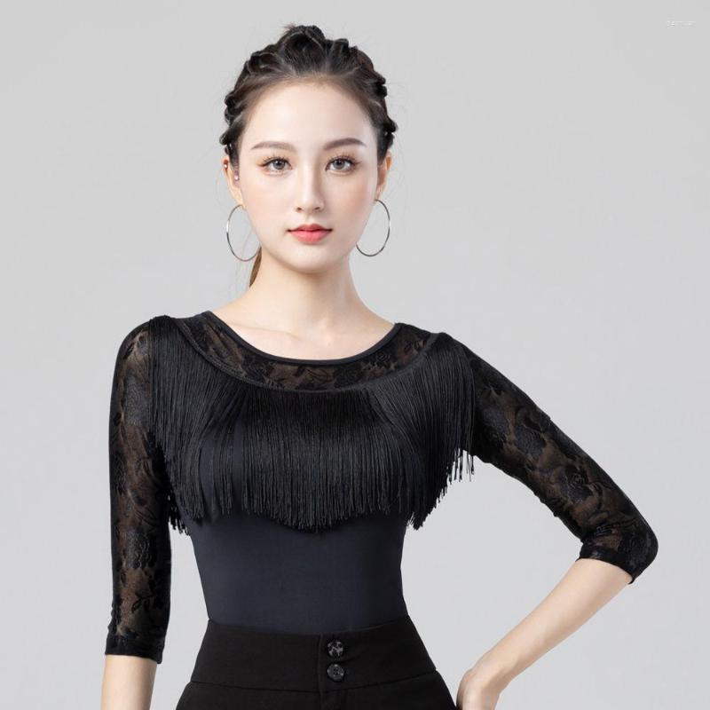 

Stage Wear 2023 Latin Dance Top For Women Autumn Modern Waltz Tassels, Black without crotch