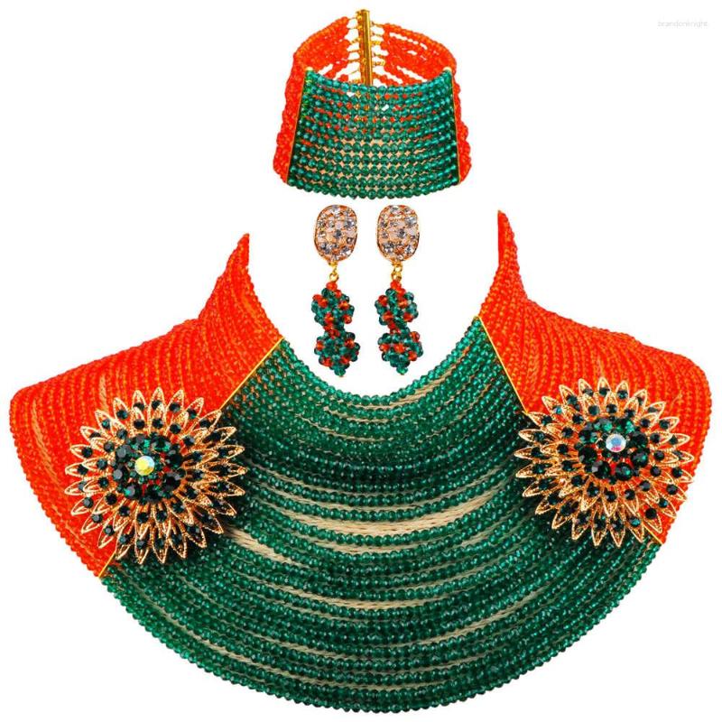

Necklace Earrings Set Fashionable Orange Army Green Teal African Beads Jewelry 25 Layers 4mm Crystal Beaded 25LC17, Picture shown