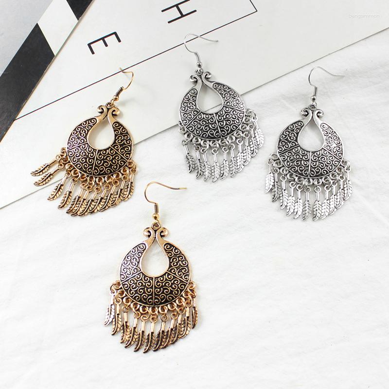 

Dangle Earrings Ethnic Totem Water Drop Wave Pendant Vintage Carved Spiral Leaves Tassel Exquisite Female Fashion Jewelry