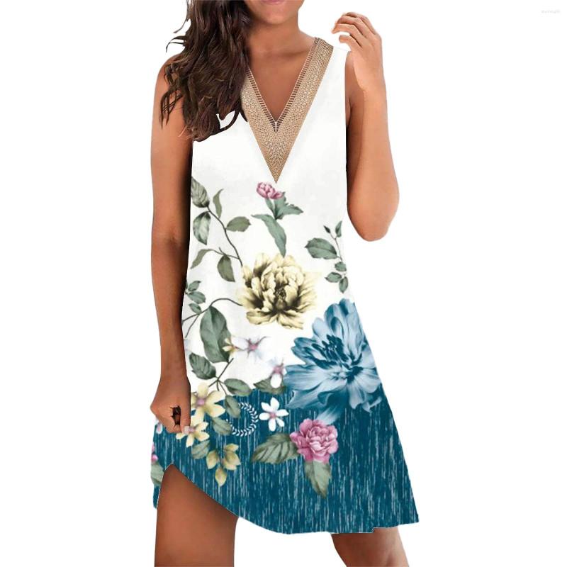 

Casual Dresses Ladies V Neck Loose Printed Sleeveless Dress, Blue
