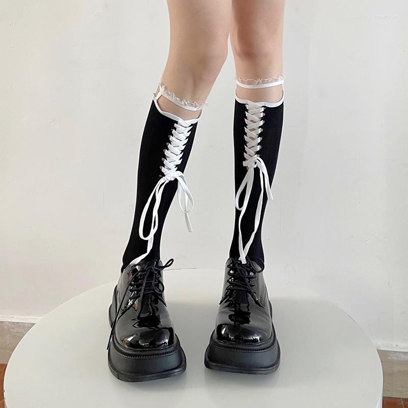 

Women Socks Lolita Bandage Stockings Lace High Knee Female JK Long Streetwear Calcetine Mujer, Black