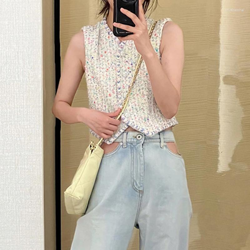 

Women' Jackets Color Polka Dot Woven Tweed Sleeveless Short V-Neck Vest Jacket Spring Summer 2023 Runway Elegant Tops, Beige